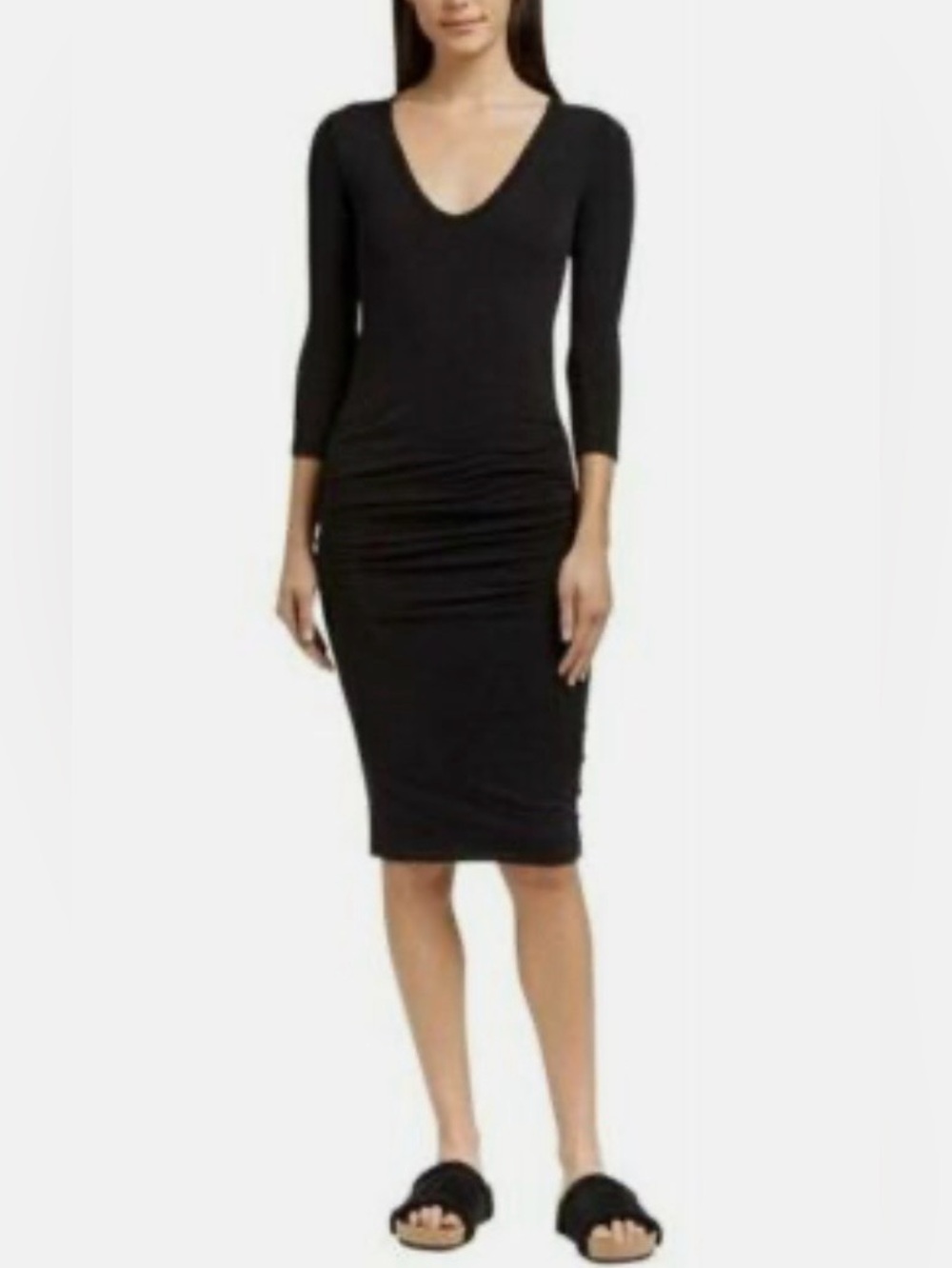 James Perse Standard Black V-Neck Midi Bodycon Dress
